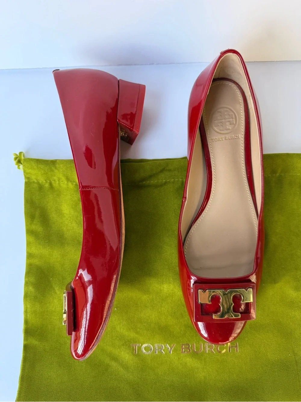 Tory Burch Gigi‎ Soft Patent Leather Low Block Heel Pumps Red Sz 6